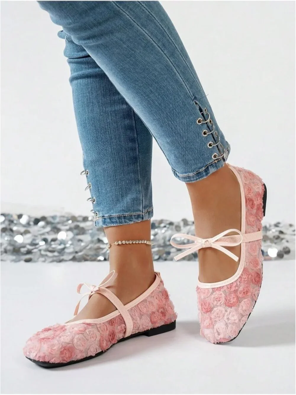 Women's Bright Pink Mesh Ballet Flats Lace Bow Square Toe Wedding Dressy Shoes